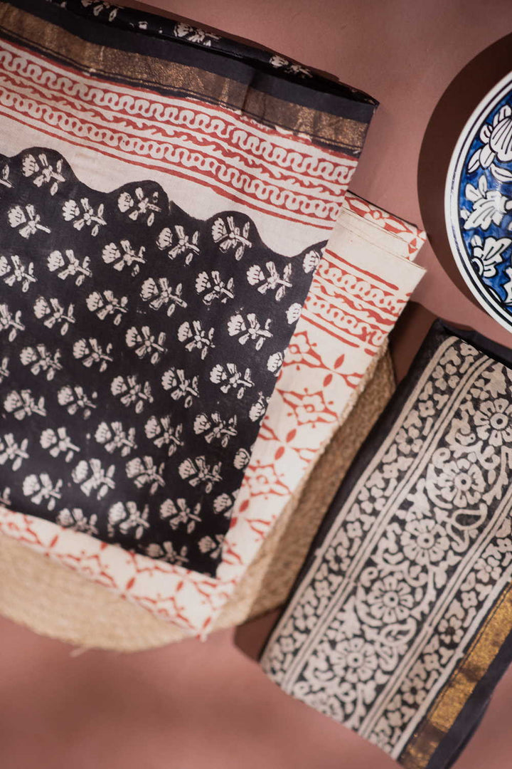 Flower Motifs on Black Chanderi Silk Cotton Suit