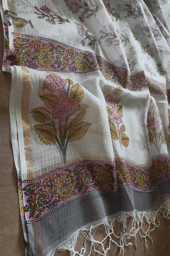 Flowers - Cream Block Printed Kota Cotton Dupatta