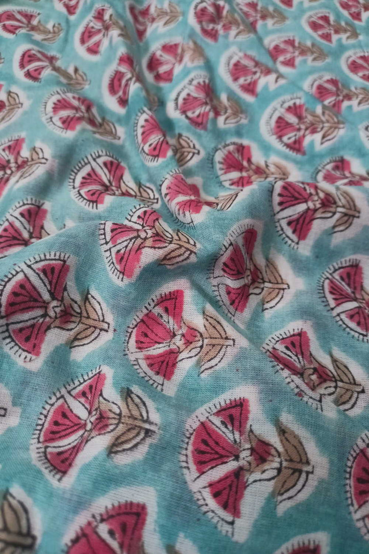 Aqua Petal Play Sanganeri Mul Cotton Fabric