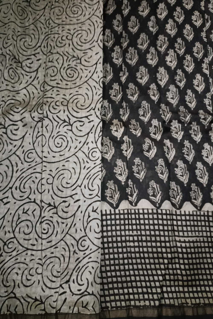 Florets on Black Block Printed Chanderi saree