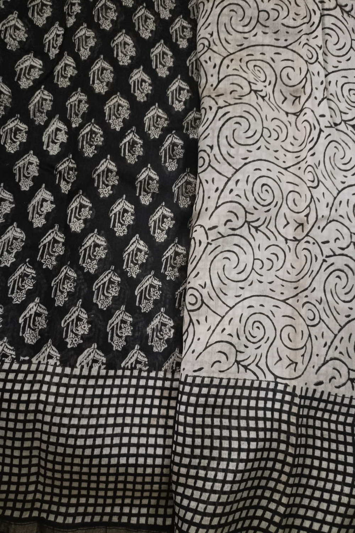 Black with Checkered Border Block Printed Chanderi saree