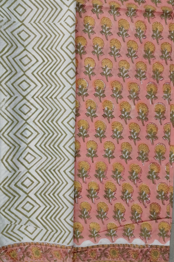 Marie Gold Floral on Pinkish Peach Block Print Mul Cotton Saree