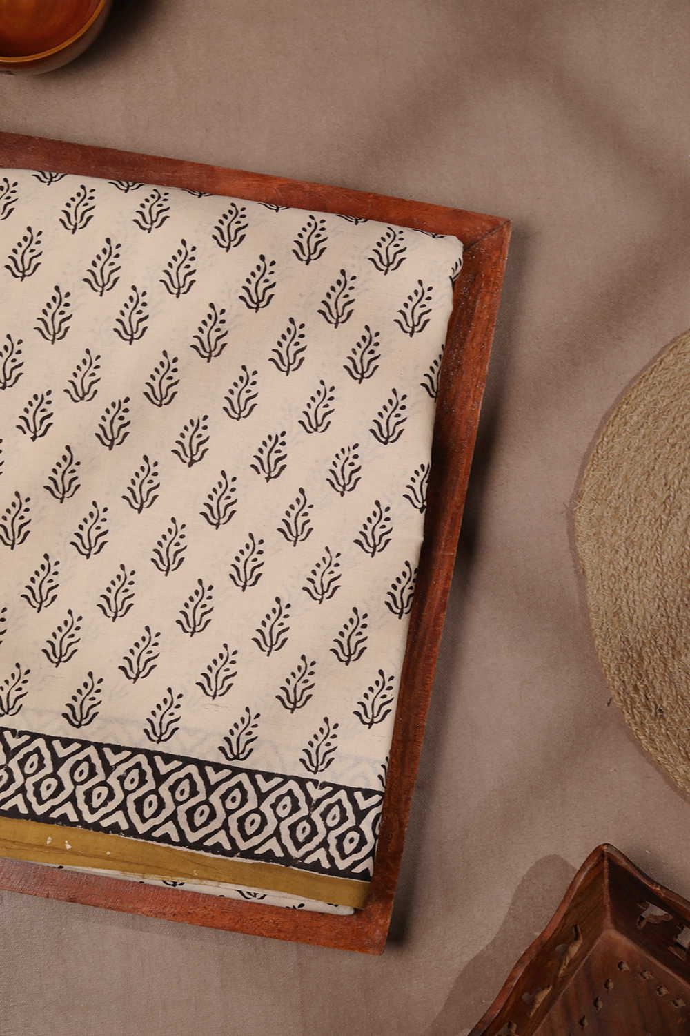 Black Buttas - Cream Bagru Mul Cotton saree