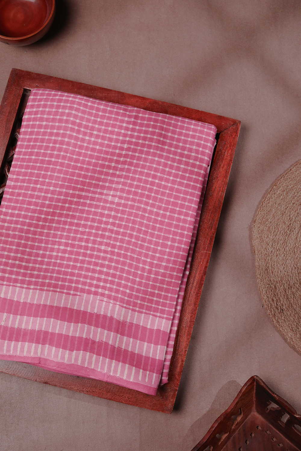 Checks on Pink Block Printed Mul Cotton saree