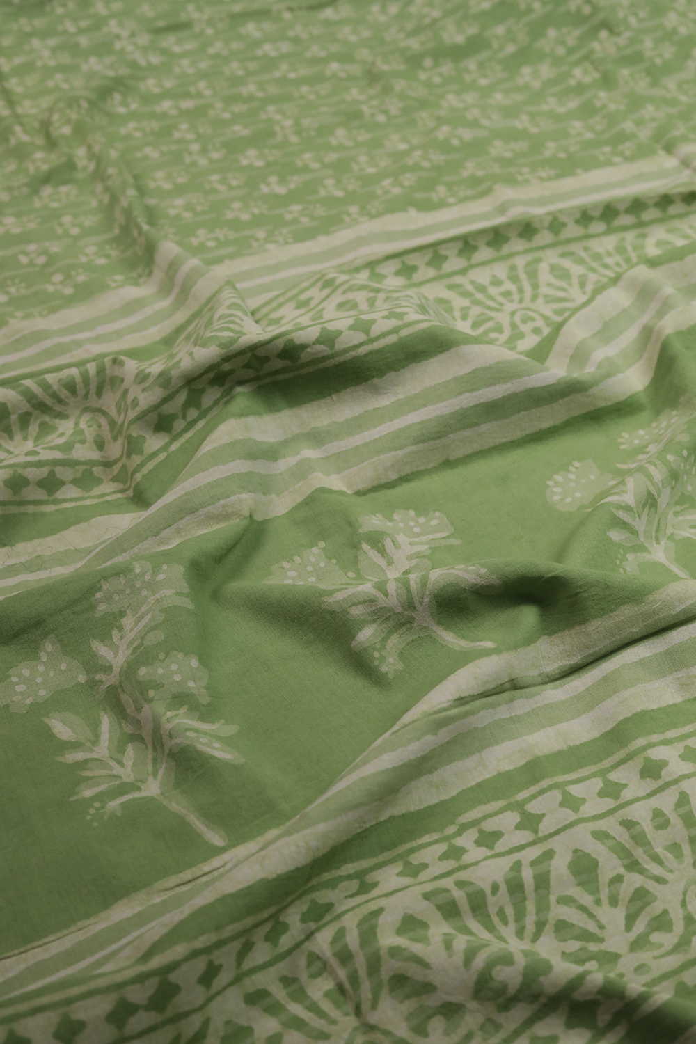 Cream Motifs - Green Dabu Cotton saree