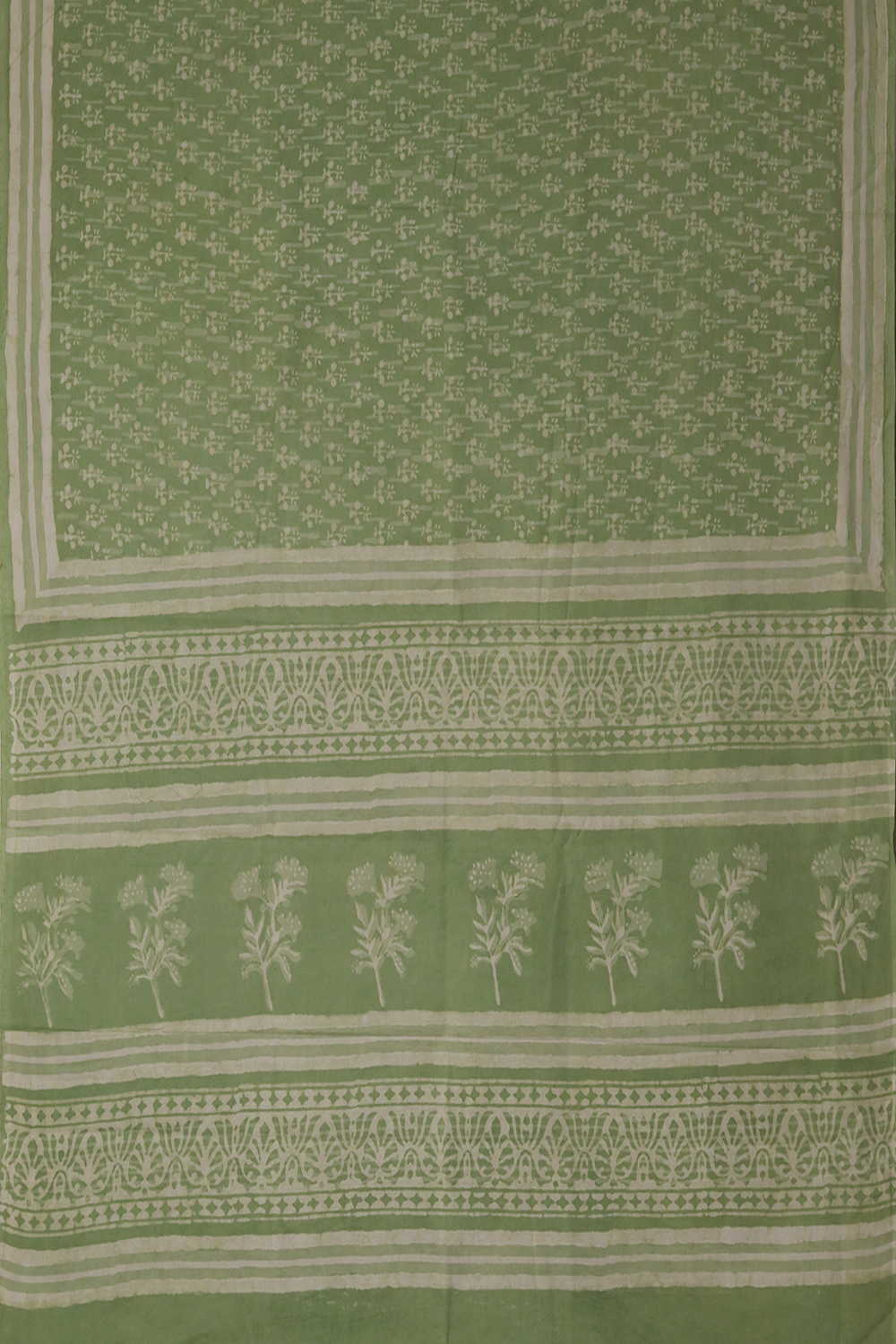 Cream Motifs - Green Dabu Cotton saree