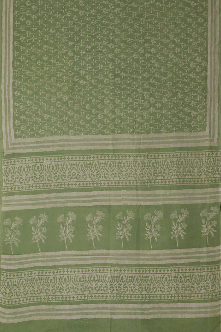 Cream Motifs - Green Dabu Cotton saree