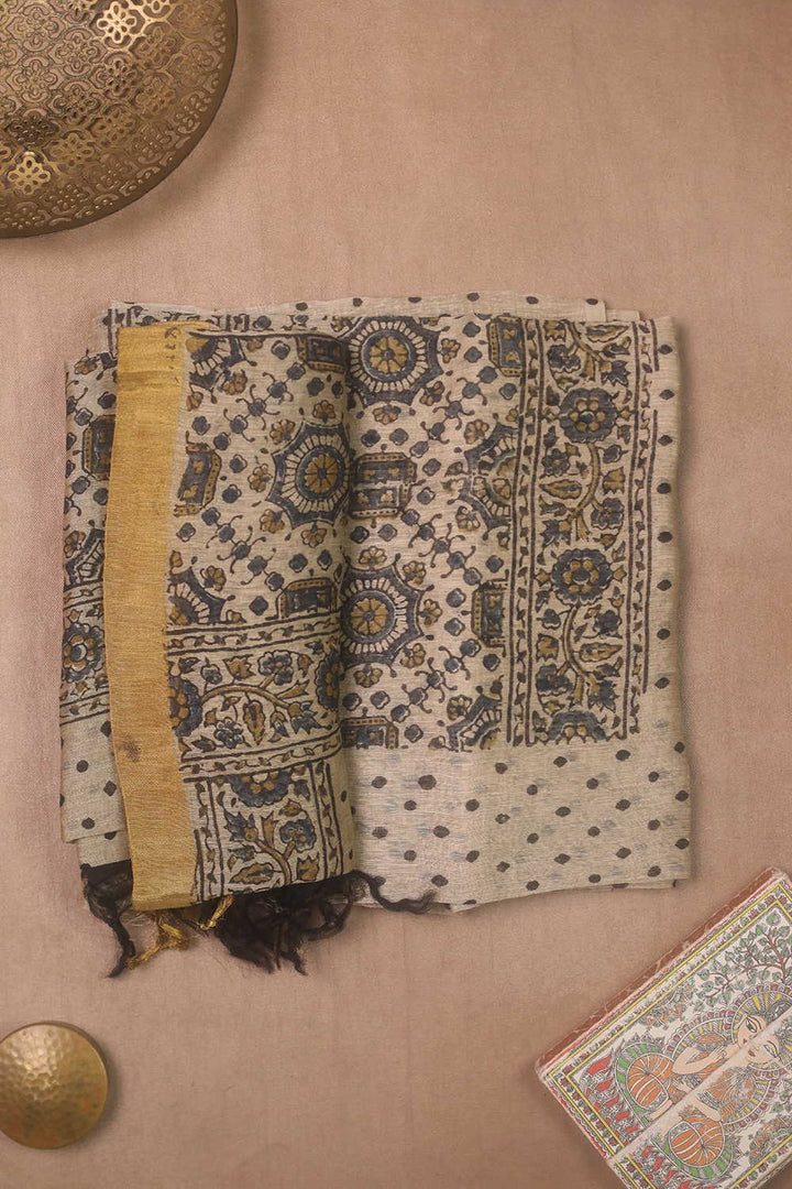 Cream with Dotted Ajrak Linen Top & Dupatta