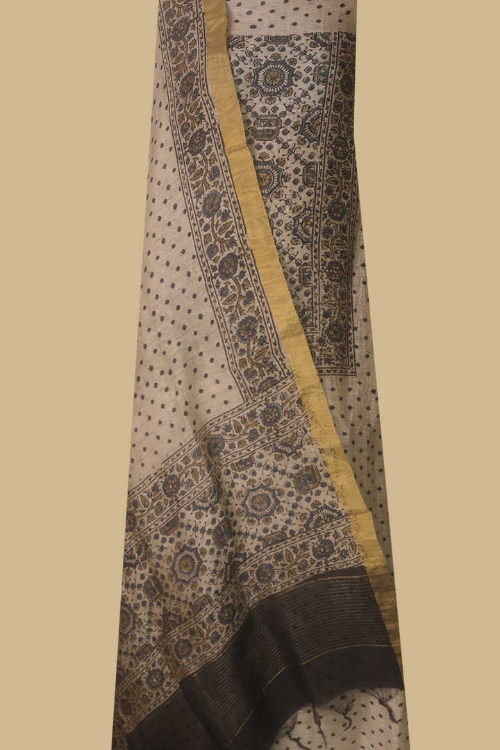 Cream with Dotted Ajrak Linen Top & Dupatta