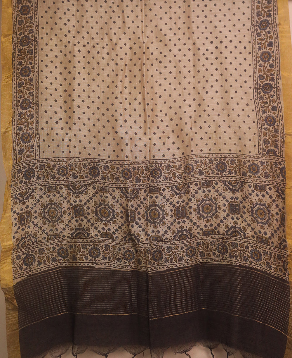 Cream with Dotted Ajrak Linen Top & Dupatta