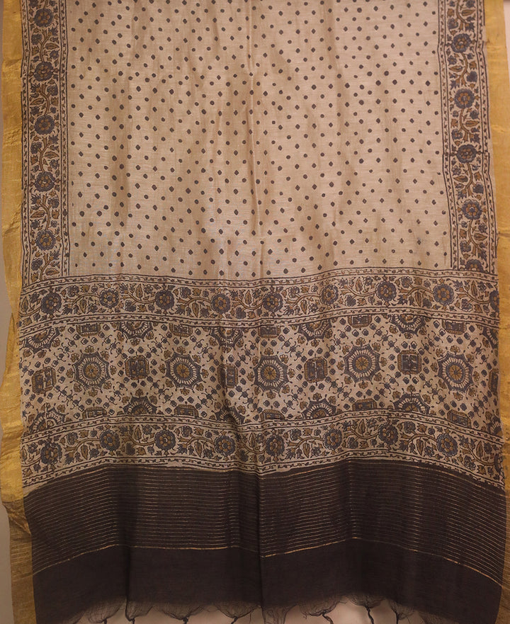 Cream with Dotted Ajrak Linen Top & Dupatta