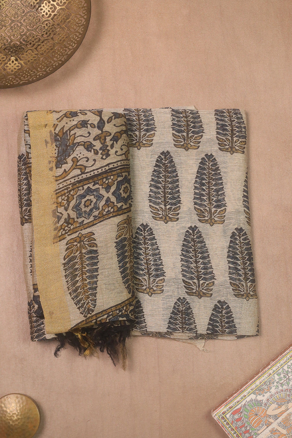 Conical Motifs on Cream Ajrak Linen Top & Dupatta