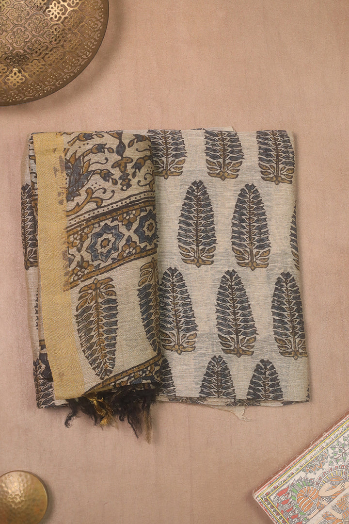 Conical Motifs on Cream Ajrak Linen Top & Dupatta