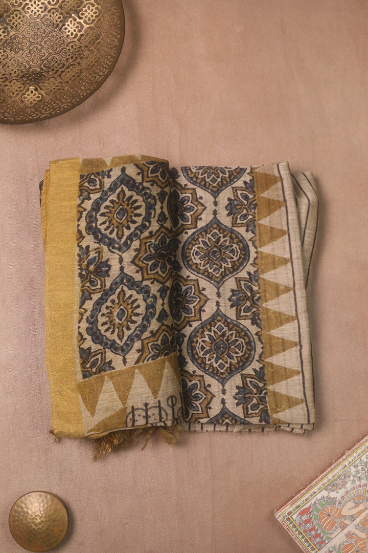 Cream Ajrak Linen Top & Dupatta