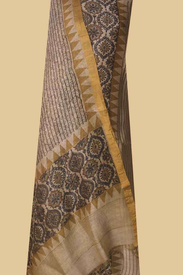 Cream Ajrak Linen Top & Dupatta