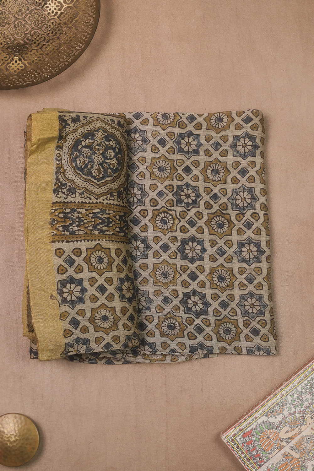 Intricate Pattern - Cream Ajrak Linen Top & Dupatta