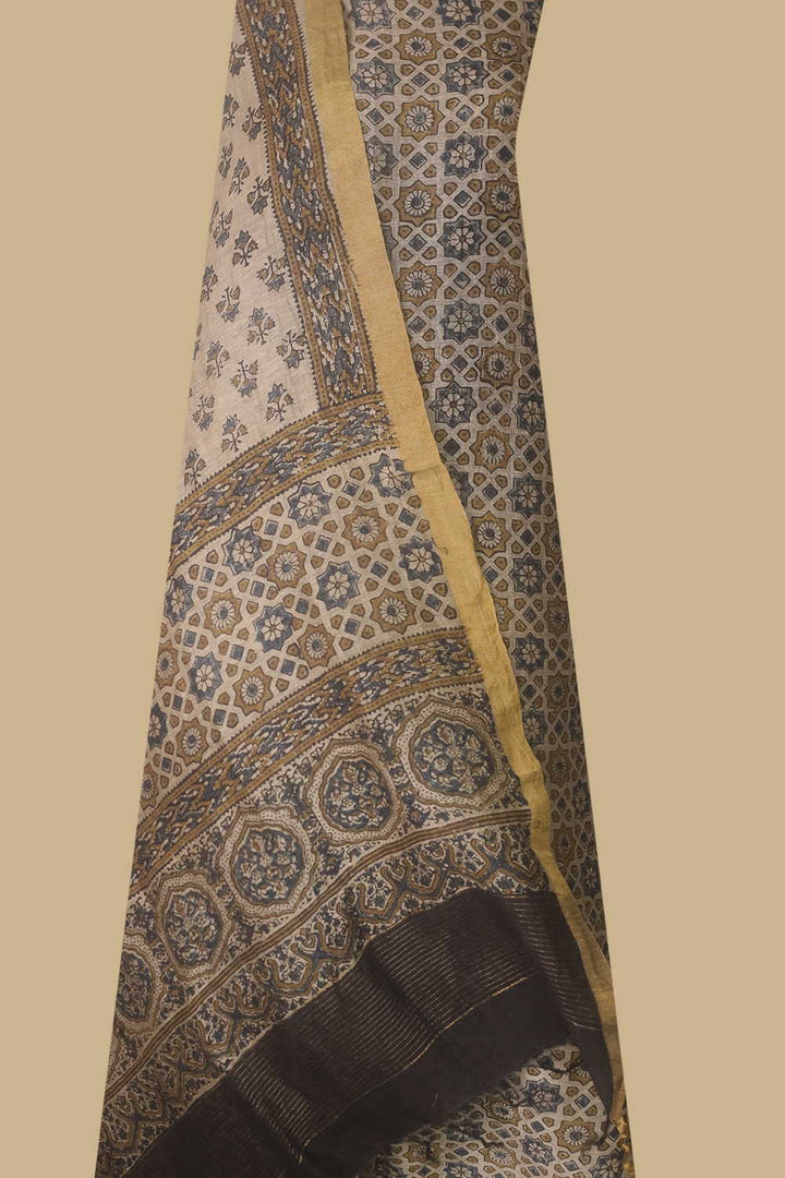 Intricate Pattern - Cream Ajrak Linen Top & Dupatta