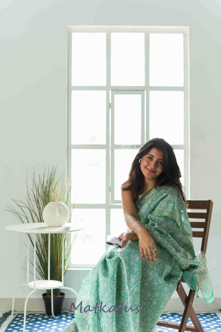 Green Garden Block Printed Chanderi saree