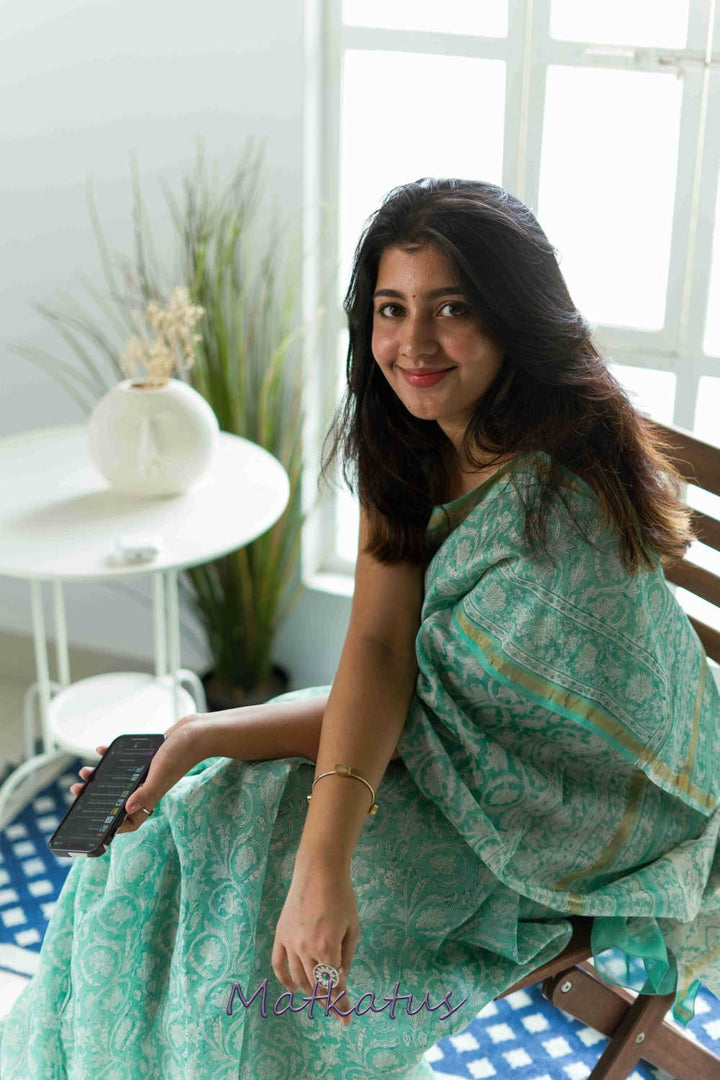 Green Garden Block Printed Chanderi saree