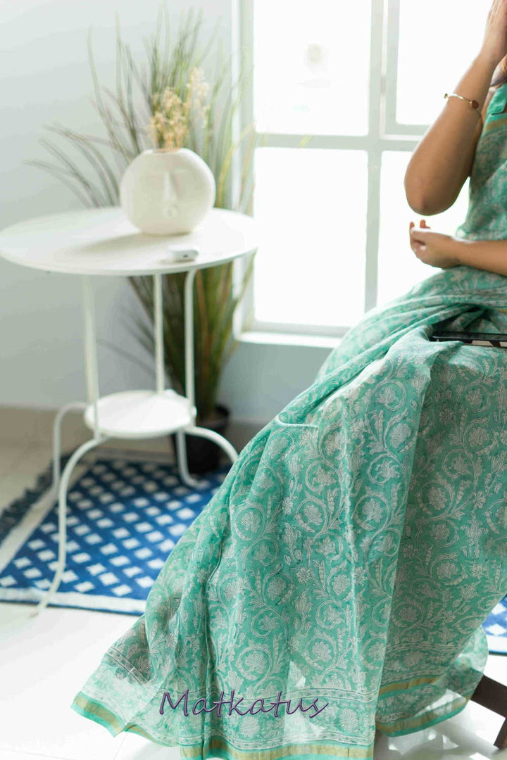 Green Garden Block Printed Chanderi saree