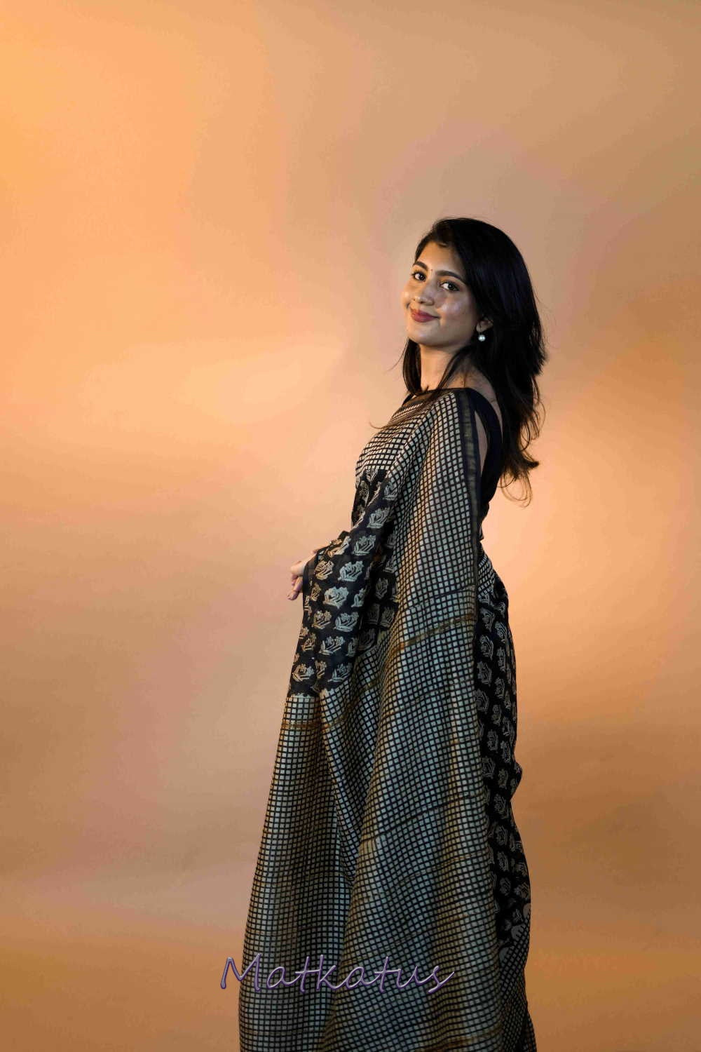Motifs on Black Block Printed Chanderi saree