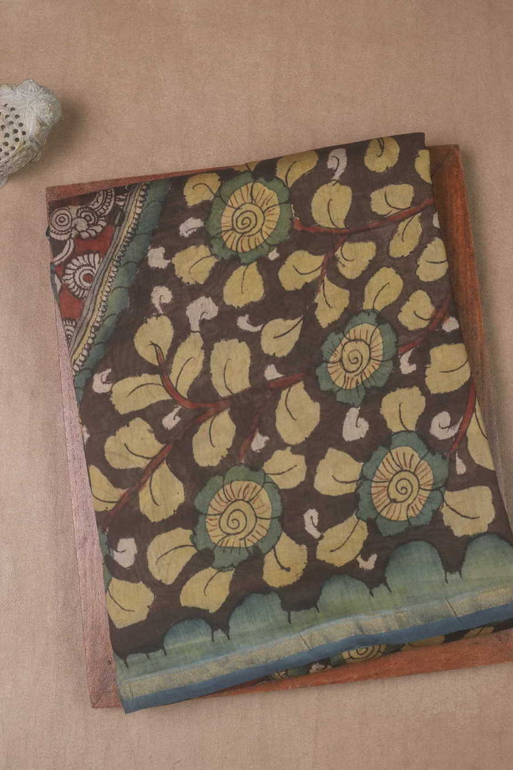 Leafy Floral Painted kalamkari Silk Cotton saree