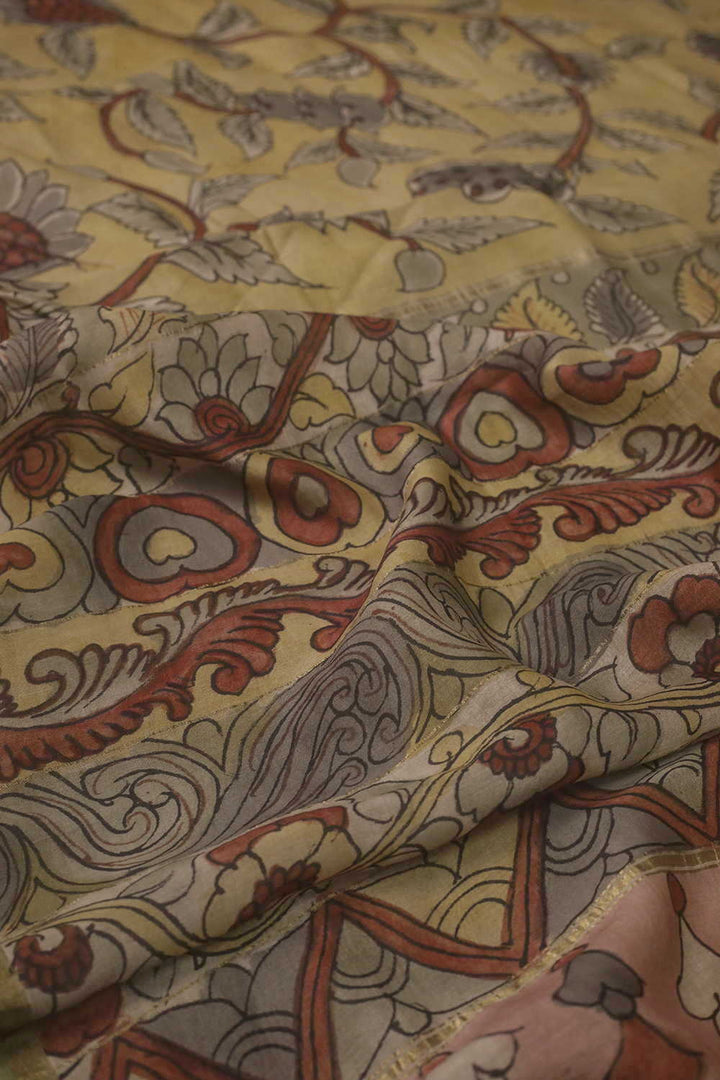 Leafy Floral Painted kalamkari Silk Cotton saree