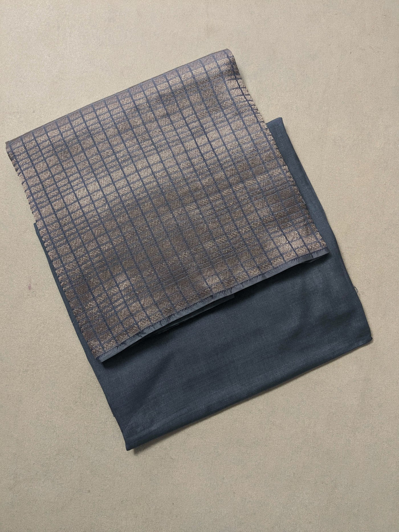 Grey Checkered Banarasi Silk Top with Tussar Silk Cotton Bottom