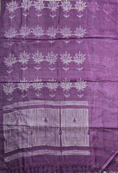 Cream Floral on Purple Shibori Tussar Silk Dupatta
