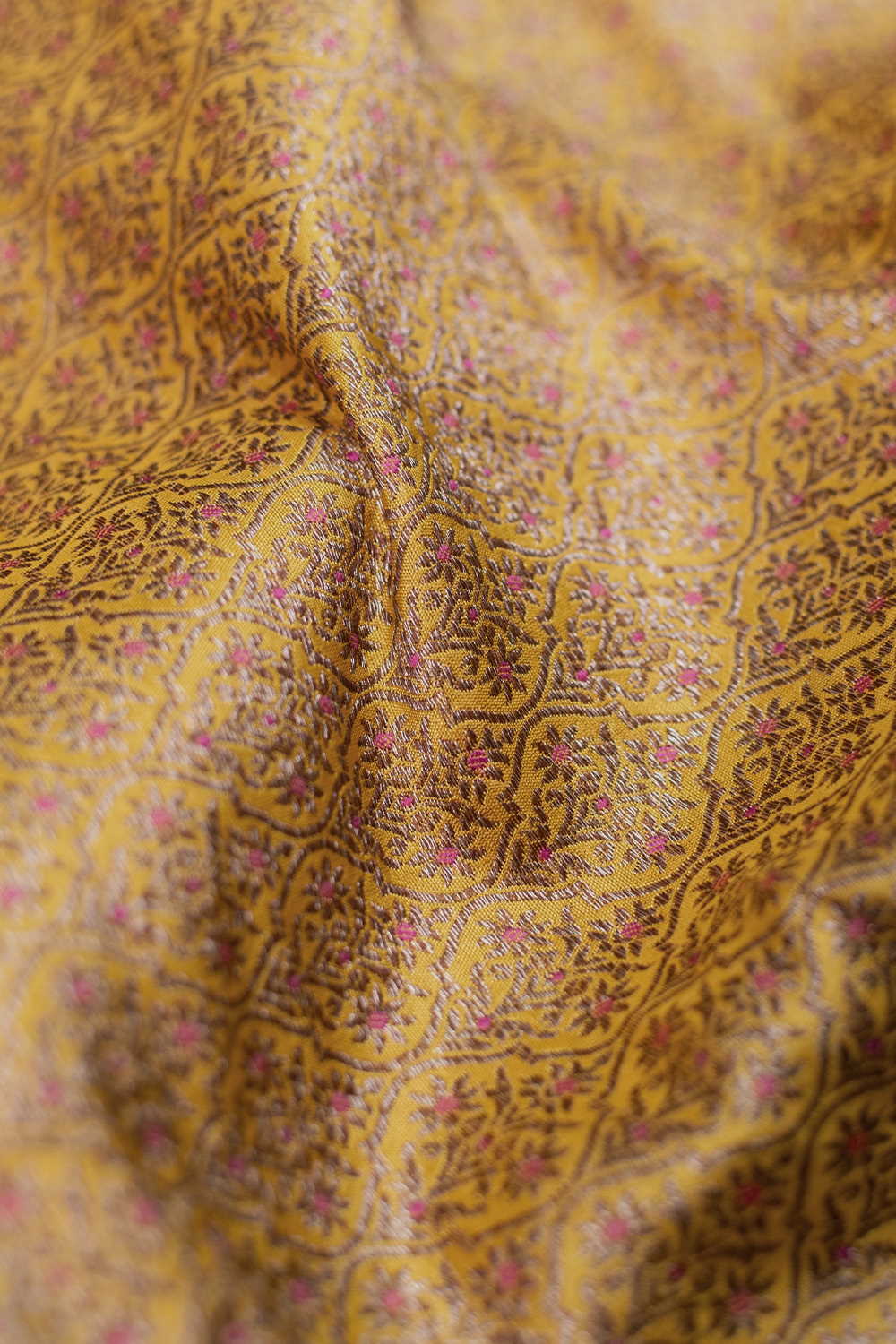 Mustard Yellow with Pink Accents Banarasi Silk Fabric - 0.5m