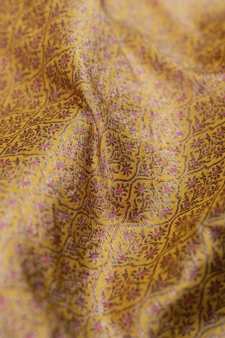 Mustard Yellow with Pink Accents Banarasi Silk Fabric - 0.5m