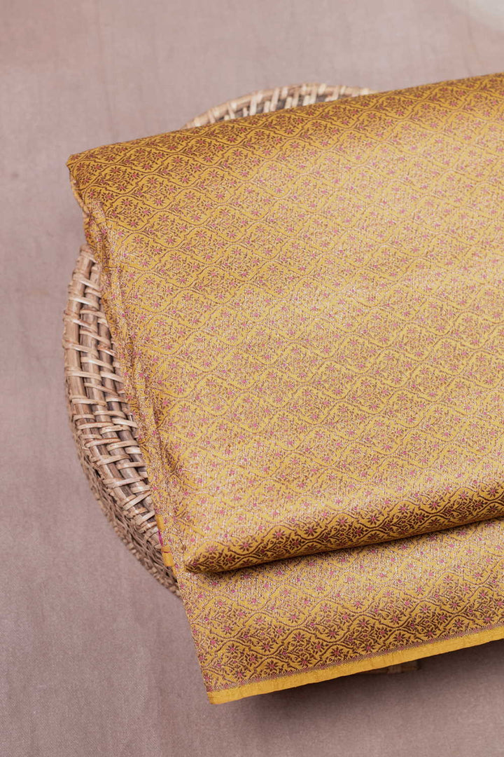 Mustard Yellow with Pink Accents Banarasi Silk Fabric - 0.5m