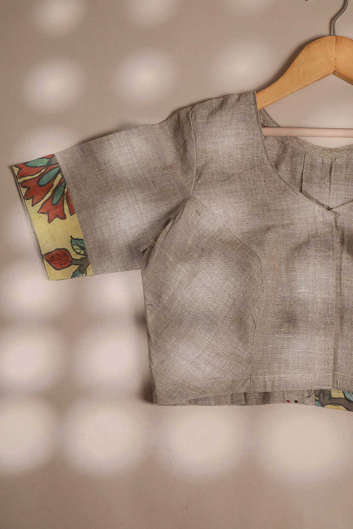 Brown-Grey Handspun Kalamkari Boondi Button Stitched Blouse - 32,34,36,38,40,42