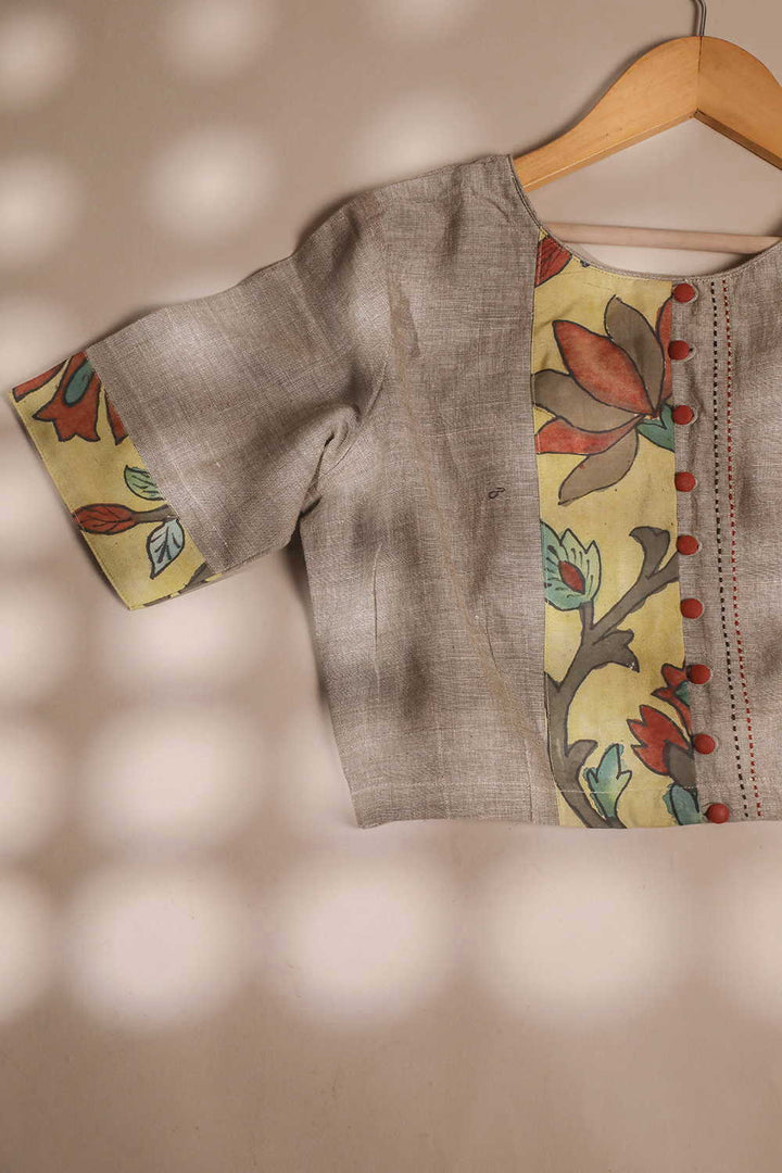 Brown-Grey Handspun Kalamkari Boondi Button Stitched Blouse - 32,34,36,38,40,42