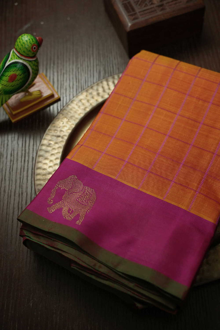 Orange with Pink Border Kanchipuram Silk Saree