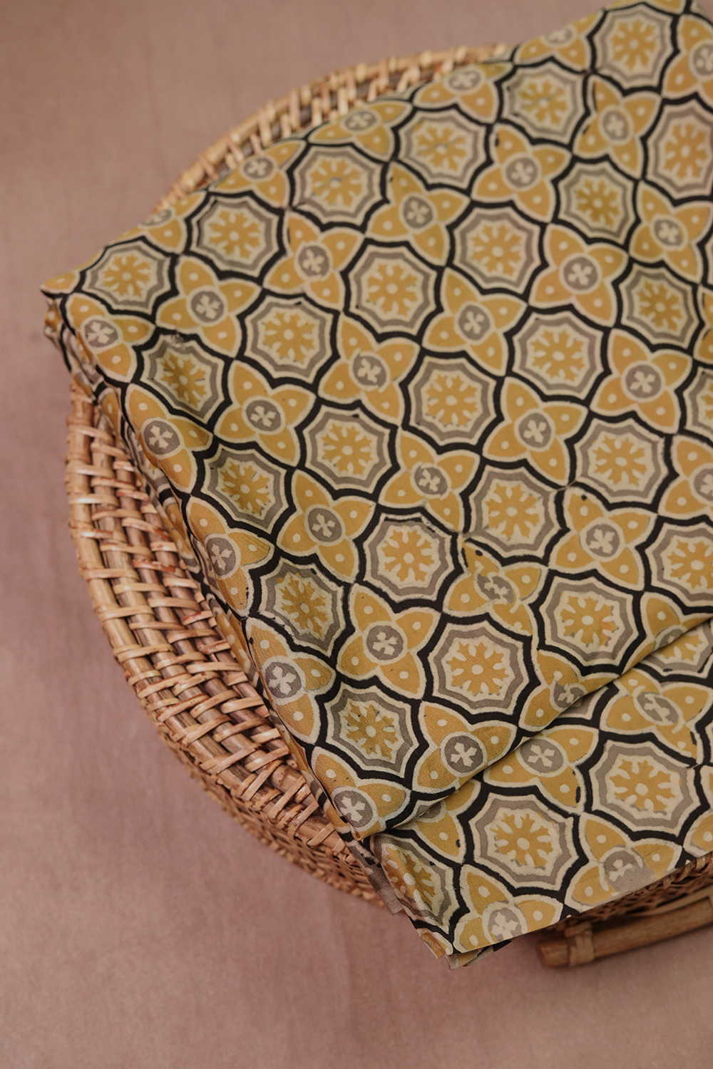 Yellow Pattern Block Printed Modal Silk Fabric 6