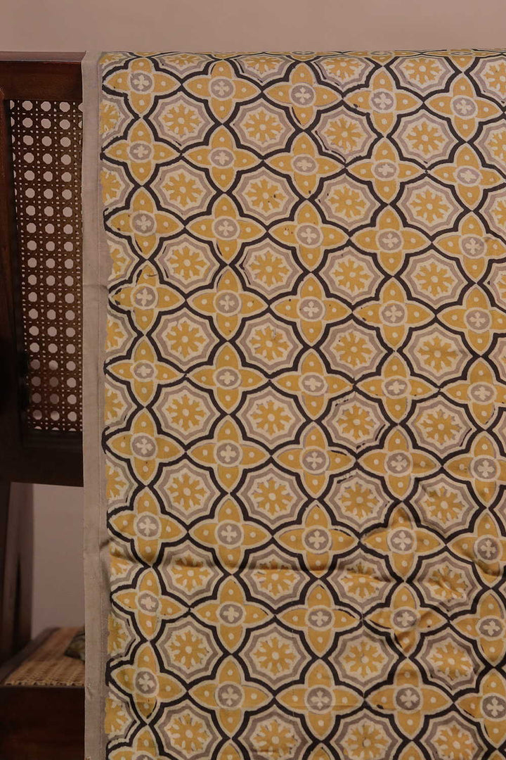 Yellow Pattern Block Printed Modal Silk Fabric 6