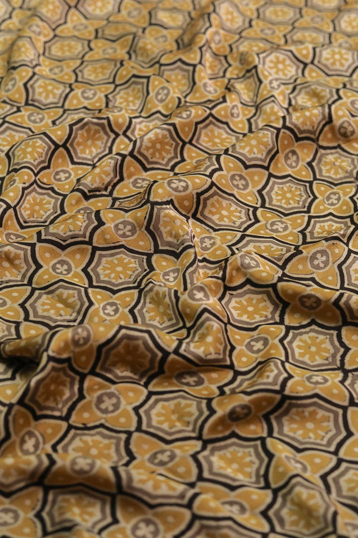 Yellow Pattern Block Printed Modal Silk Fabric 6