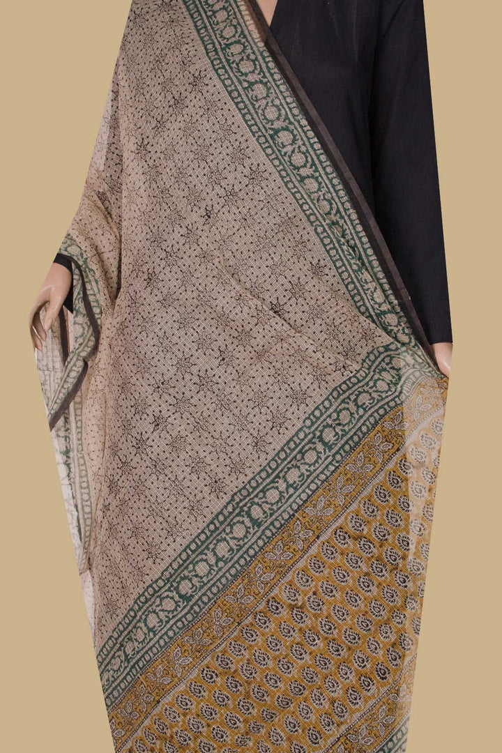 Beige Cream Block Printed Kota Cotton Dupatta