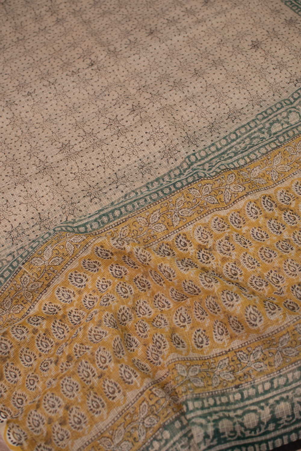 Beige Cream Block Printed Kota Cotton Dupatta
