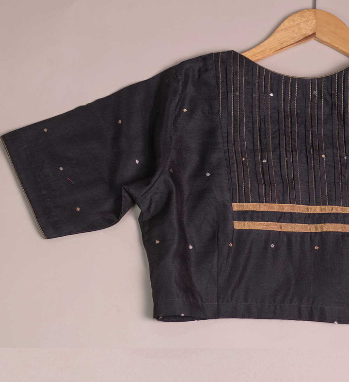 Black Chanderi Pintuck Silk Cotton Blouse 32,34,36,38,40,42