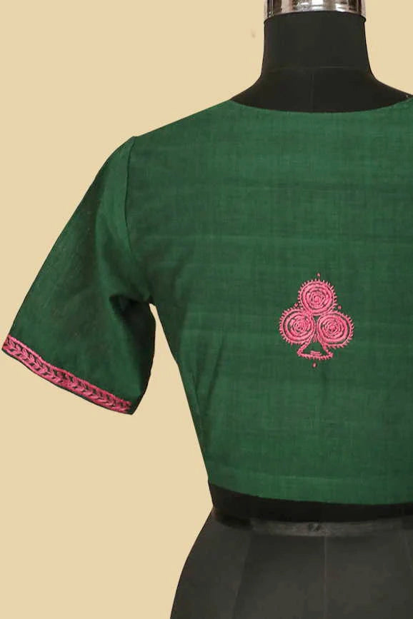 Green Mangalagiri Hand Embroidered Stitched Blouse 32,34,36,38,40,42