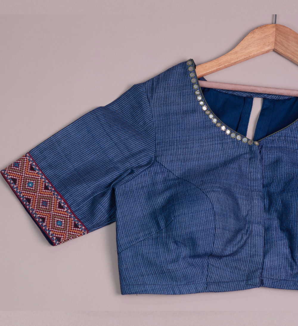 Striped Blue  Handspun Tussar Kutch Embroidered Padded Blouse 36,38,40,42