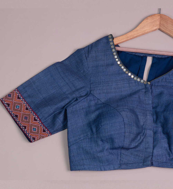 Striped Blue  Handspun Tussar Kutch Embroidered Padded Blouse 36,38,40,42