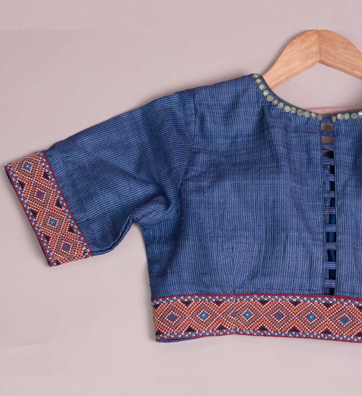 Striped Blue  Handspun Tussar Kutch Embroidered Padded Blouse 36,38,40,42