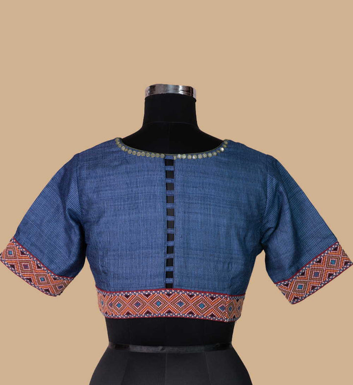 Striped Blue  Handspun Tussar Kutch Embroidered Padded Blouse 36,38,40,42