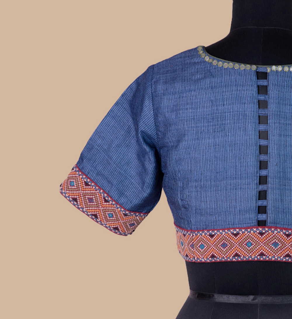 Striped Blue  Handspun Tussar Kutch Embroidered Padded Blouse 36,38,40,42