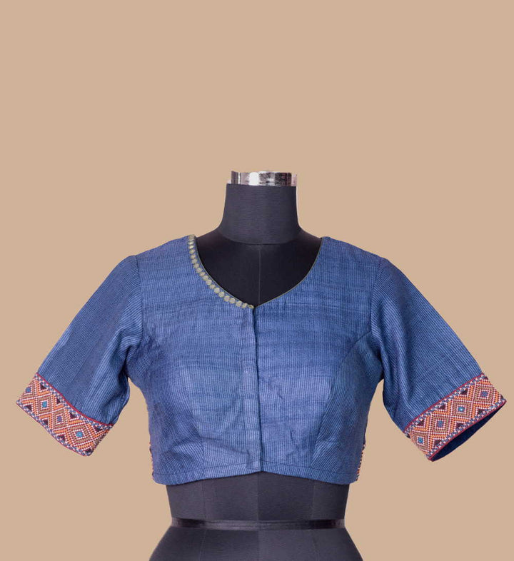 Striped Blue  Handspun Tussar Kutch Embroidered Padded Blouse 36,38,40,42