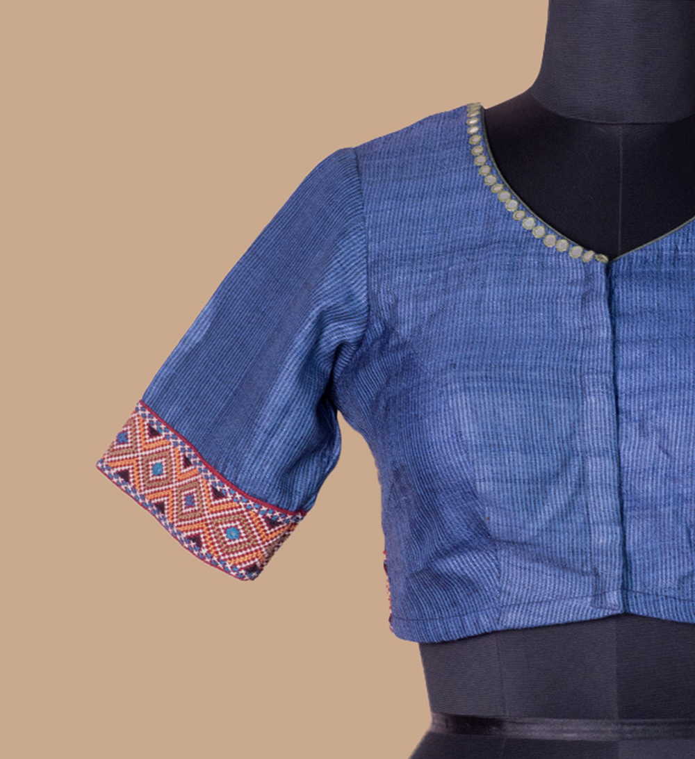 Striped Blue  Handspun Tussar Kutch Embroidered Padded Blouse 36,38,40,42