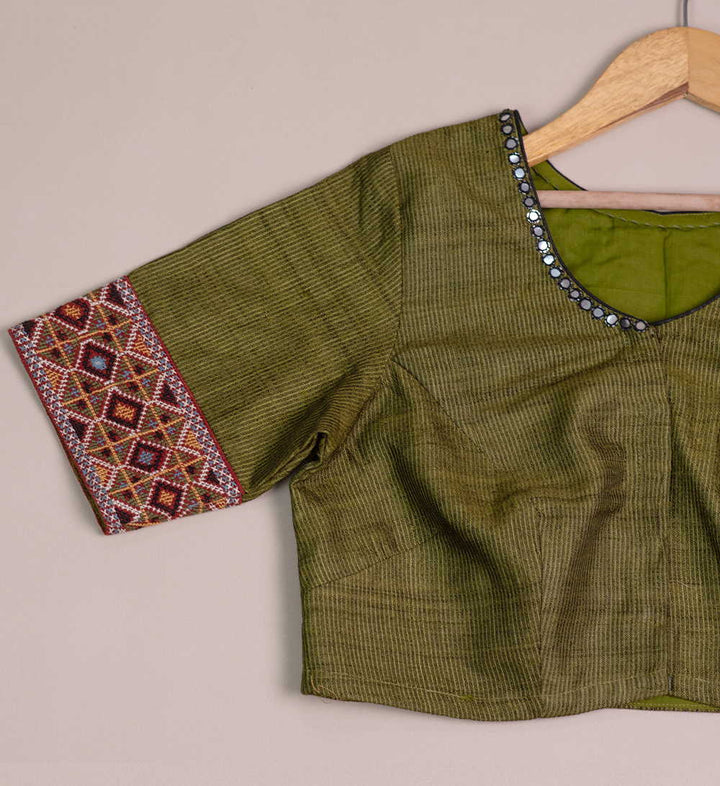 Khaki green Handspun Tussar Kutch Embroidered Blouse 32,34,36,38,40,42